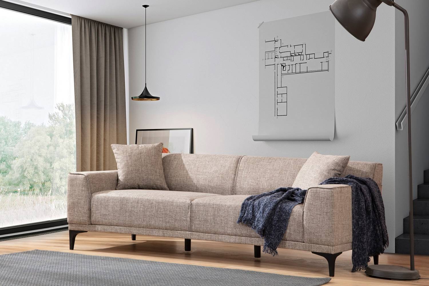 Design 3 személyes kanapé Dellyn 212 cm világosbarna
