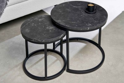 Kerek oldalsó asztal szett Latrisha fekete marvány utánzata - 2 részes 